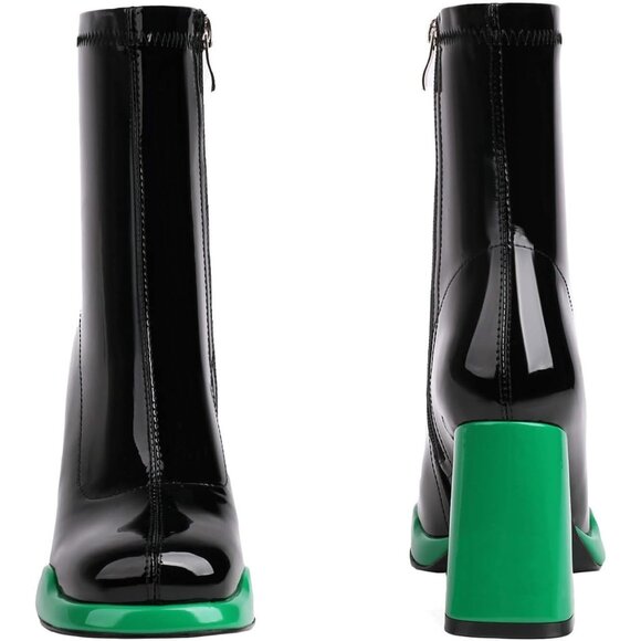 Women's Green Chunky Heel Ankle Boots Square Toe Mid Calf Side Zippers Boots - Picture 5 of 9